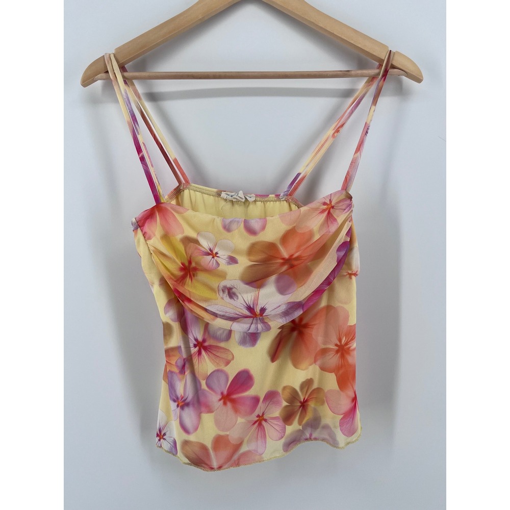 See You Monday Yellow Floral Mesh Cowl Neck Camisole Top Double Strap Y2K Artsy